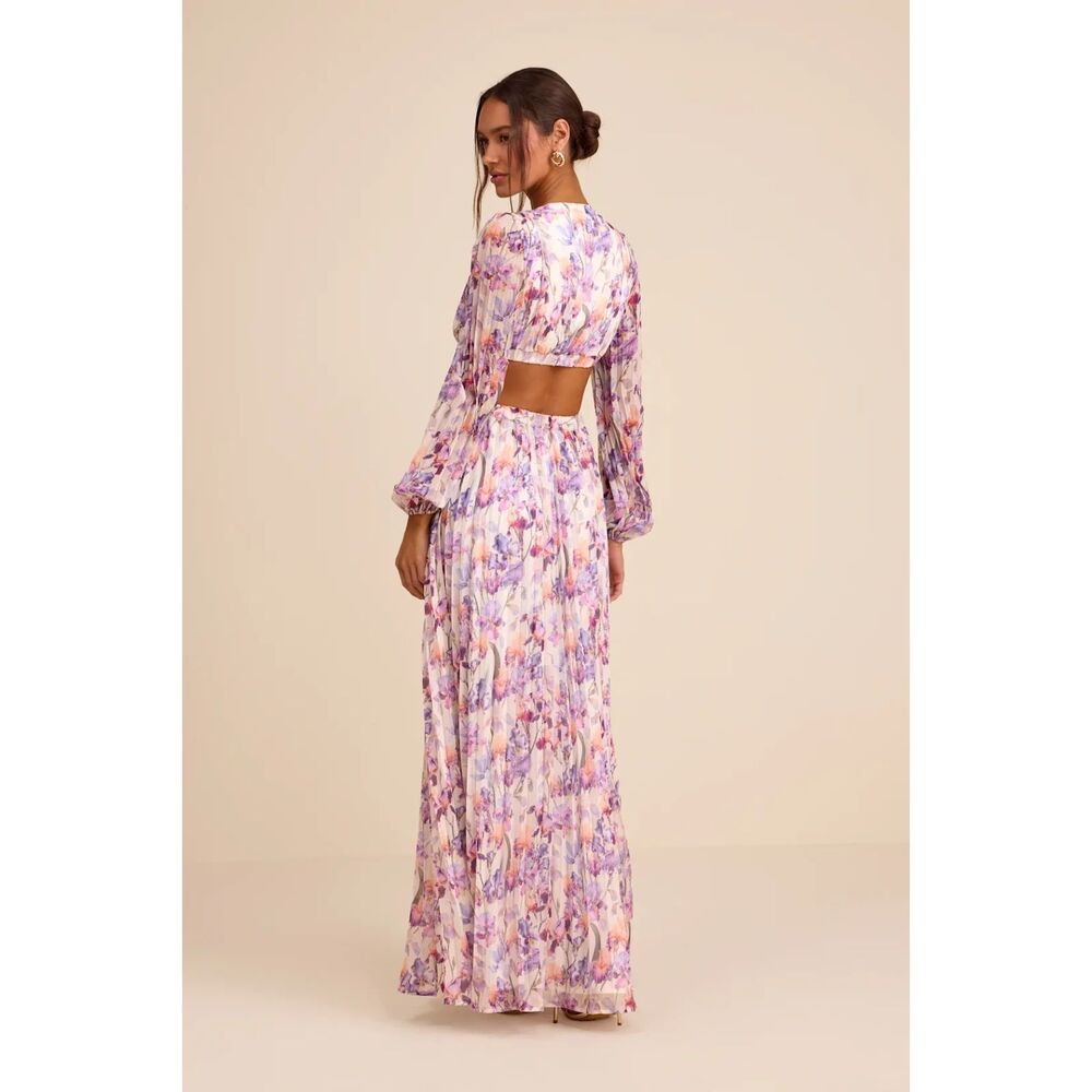 Lulus Melea Ivory and Purple Floral Pleated Cutout Maxi Dress Size Small - Picture 3 of 9